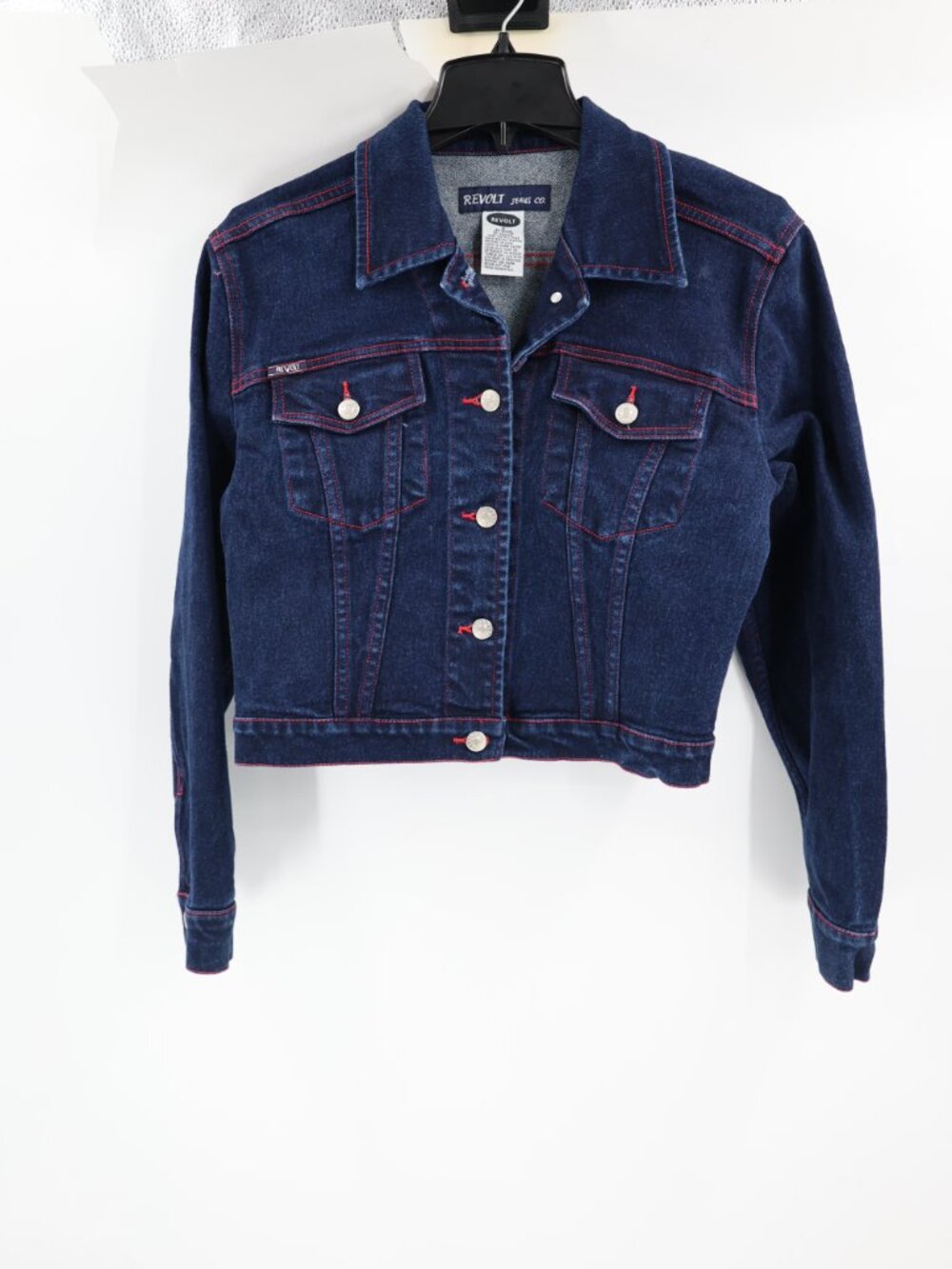 Vintage Revolt Jacket Womens Small Denim Trucker Blue Cropped Streetwear Y2K